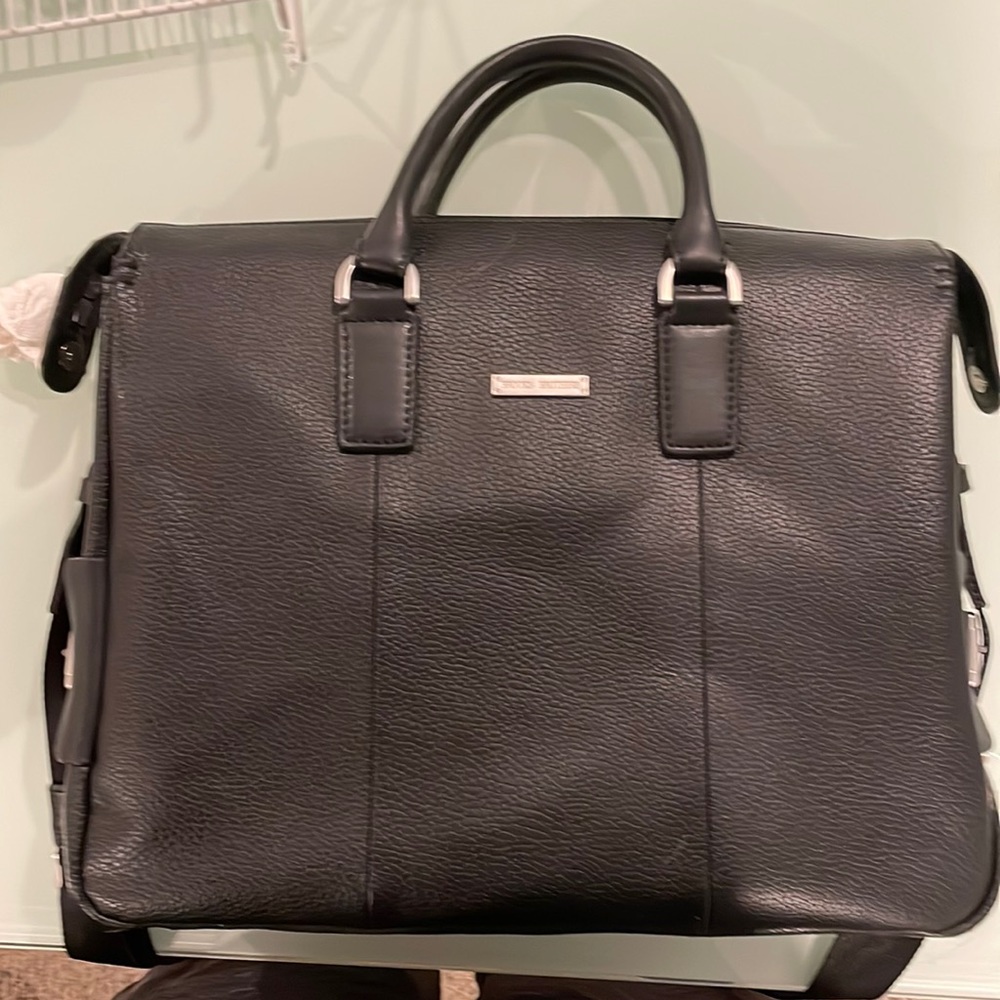Black leather slim brooks brothers briefcase.